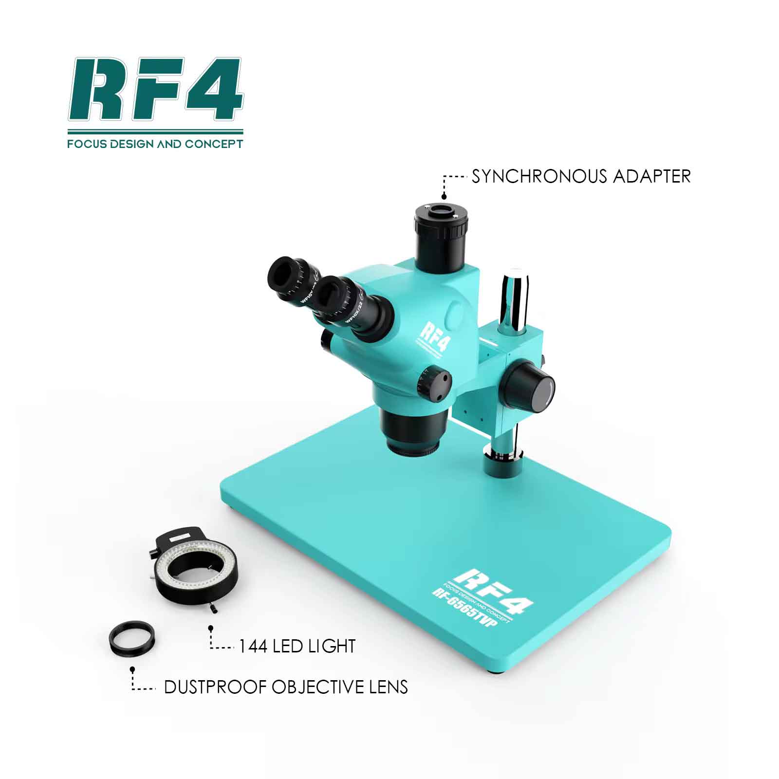 RF4 RF-6565TVP Trinocular Stereo Microscope with Big Base 6.5X~65X Zoom - 3D Continuous Zoom
